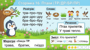 Читання по краплинці: 5 хвилинок щодня Сторінка 16. Птахи (ТР/ДР/БР/ПР)