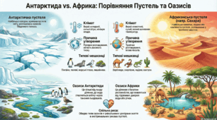Порівняння природи антарктичних та африканських пустель і оазисів: спільні та відмінні риси.