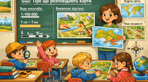 Про що розповідають географічні карти.  Які бувають масштаби та як за їхньою допомогою виміряти відстані на карті й місцевості.
