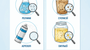 Суміші однорідні й неоднорідн: розчини, аерозолі, суспензії, емульсії. Властивості речовин у сумішах. НУШ