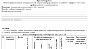 Практична робота: "Обчислення показників народжуваності, смертності, природного та механічного приросту населення країни за статистичними даними"