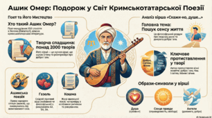 Ашик Омер: доля і творчість. Вірш «Скажи-но, душе…» (переспів О.Гончаренка)– ліричний роздум про сенс існування людини на землі, про джерела добра і зла. Східний колорит художнього стилю твору.  ТЛ: ашикська поезія, газель, кошма.