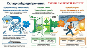 Складнопідрядне речення  з обставинними підрядними частинами умови, наслідку й допусту