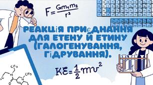 Реакція приєднання для етену й етину (галогенування, гідрування).