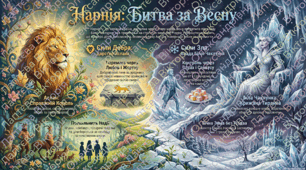 Чарівна країна Нарнія та її мешканці у книзі К. С. Льюїса «Лев, Чаклунка і стара шафа». Зображення боротьби добра та зла у творі; образи Лева Аслана та Білої Чарівниці.