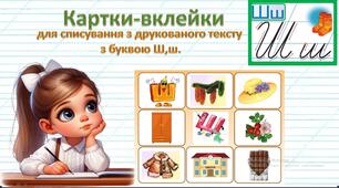 Картки-вклейки для списування з друкованого тексту з буквою Ш, ш.