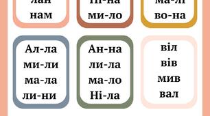 Картки для читання 1 клас (А, У, О, И, І, М, Н, Л, В)
