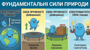 Сили гравітації, пружності, тертя, електромагнітні сили.