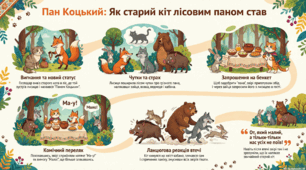 Інфографіка до казки "Пан Коцький" як старий кіт лісовим паном став