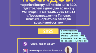 Посадові і робочі інструкції працівників ЗДО відповідно до нових Типових штатних нормативів закладів дошкільної освіти (наказ МОН від 12.06.2025 № 844),