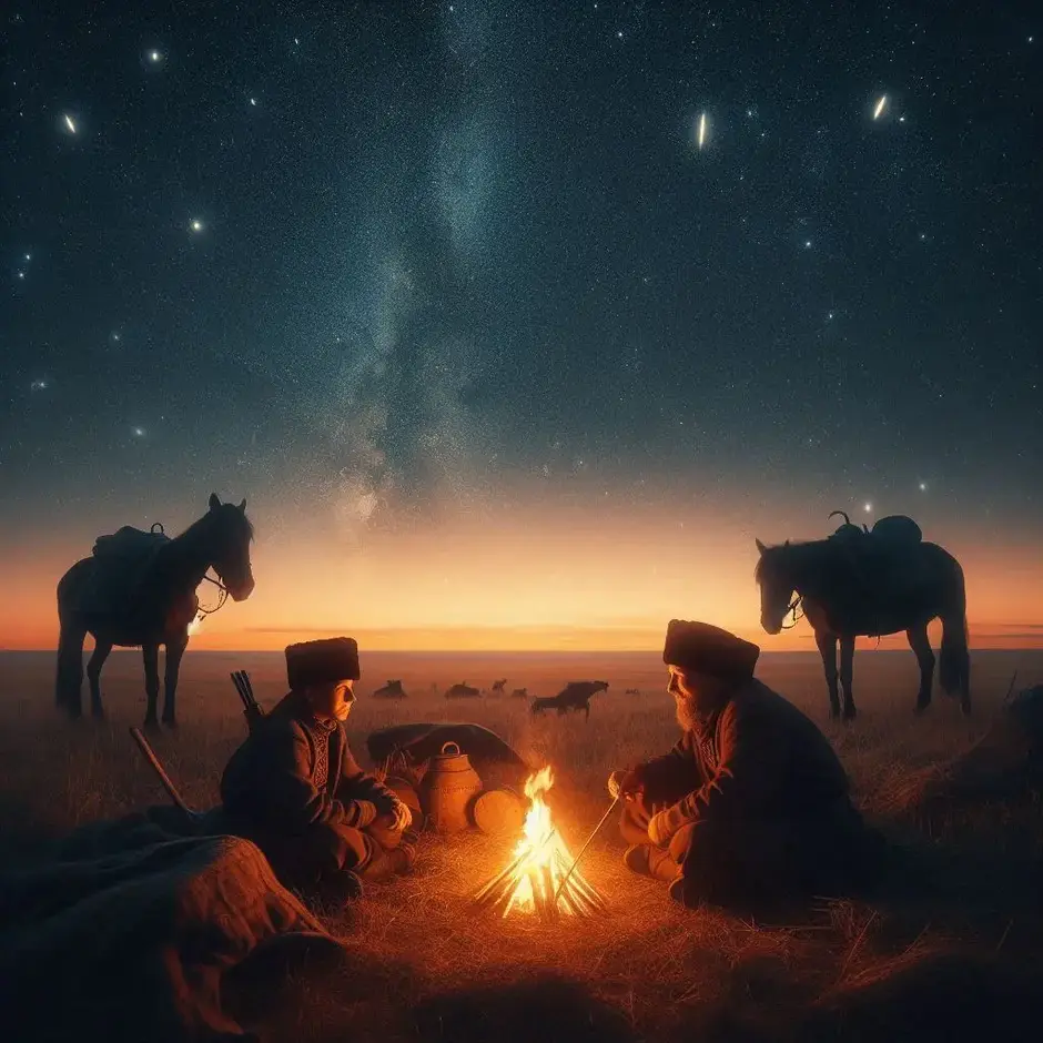 Prompt: A wide shot of a Ukrainian Cossack and a Crimean Tatar shepherd sitting together by a small campfire in the evening steppe. Two horses are grazing nearby. Peaceful and friendly atmosphere. The sky is full of stars. Warm campfire glow on their faces. Detailed historical clothing, cinematic folk art style, high resolution.