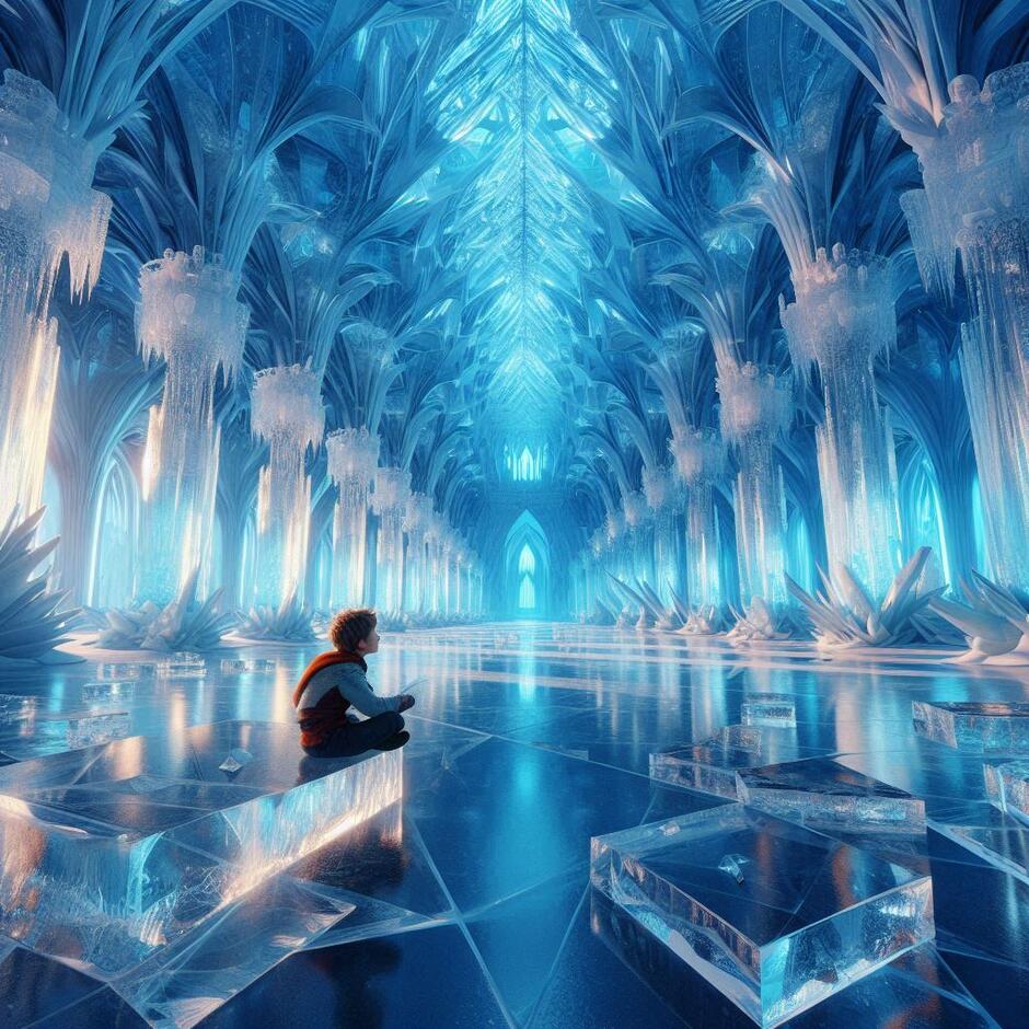 Prompt: Interior of the Snow Queen's ice palace, "Mirror of Reason" frozen lake, a boy sitting among sharp geometric ice shards, trying to spell "Eternity", vast empty halls of translucent blue ice, aurora borealis visible through the ceiling, monumental architecture, cold lonely atmosphere, digital art, wide angle shot