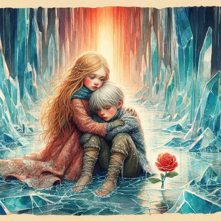 Prompt: Professional book illustration, Hans Christian Andersen's Snow Queen, two 10-year-old children, little Gerda with long blonde hair hugging young boy Kai, Kai has a frozen pale face and numb expression, they are in a vast crystalline ice hall, a tiny red rose blooming from the ice floor, emotional contrast between warm orange glow and cold teal ice, delicate watercolor textures, fine ink lines, vintage aesthetic, ethereal lighting, high detail, masterpiece.
