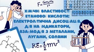Хімічні властивості етанової кислоти: електролітична дисоціація, дія на індикатори, взаємодія з металами, лугами, солями