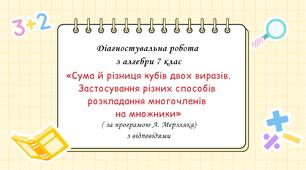Діагностувальна робота за групами результатів з алгебри 7 клас “Сума й різниця кубів двох виразів. Застосування різних способів розкладання многочленів на множники”