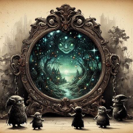 Prompt: Professional book illustration, a large ornate magic mirror held by shadowy goblin-like creatures, the mirror surface shows a distorted ugly reflection of a beautiful landscape, shimmering mysterious light, vintage ink and watercolor style, dark fairytale aesthetic, high detail