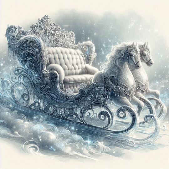 Prompt: A large, majestic royal sleigh made of carved white ice and fur, moving through a swirling snowstorm, elegant and intimidating, cinematic lighting, pale blue and silver tones, watercolor textures, classic fairytale illustration