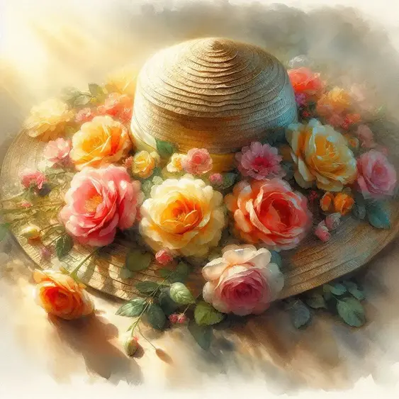 Prompt: An old woman's straw sun hat decorated with many colorful silk flowers, vibrant roses of different colors, soft sunlight, artistic watercolor wash, vintage garden atmosphere, delicate details.