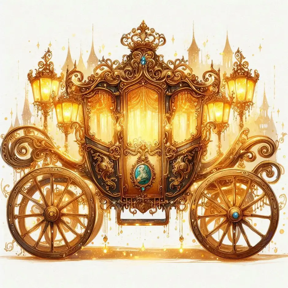 Prompt: A magnificent shining golden carriage with ornate carvings, glowing lantern light, royal coat of arms on the door, soft magical atmosphere, vibrant gold and yellow watercolor tones, elegant book illustration.