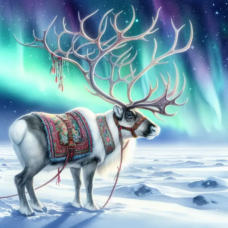 Prompt: A majestic northern reindeer with large branchy antlers, wearing a traditional harness, standing in the snowy tundra under the aurora borealis, magical blue and green lights, watercolor style.