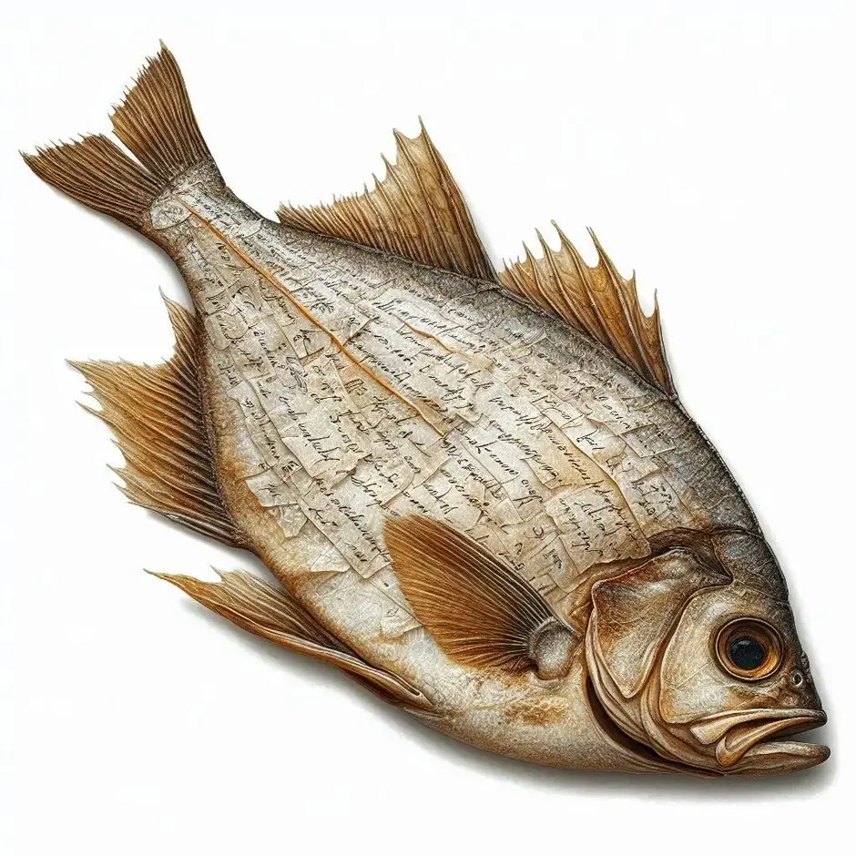 Prompt: A dried flat cod fish with tiny handwritten secret message on its skin, realistic texture, rustic look, muted watercolor tones, unique fairytale prop, high detail.