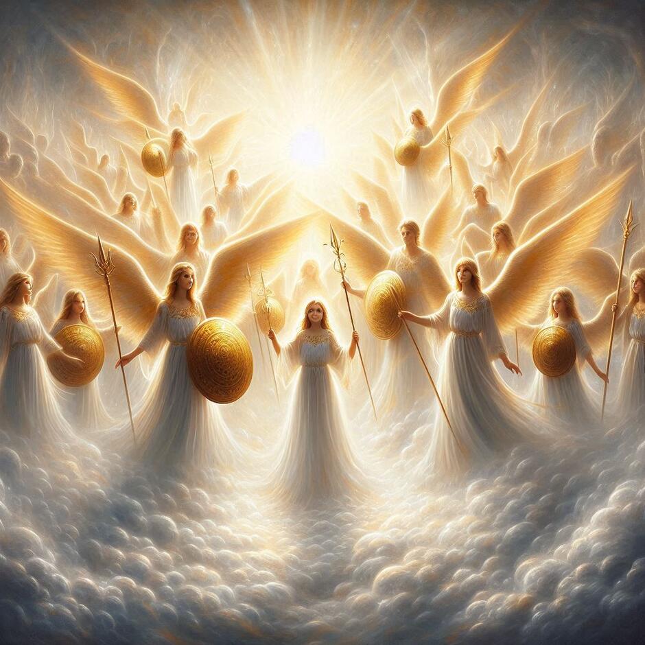 Prompt: A host of ethereal translucent angels emerging from white mist, holding shields and spears made of light, protecting a small girl, divine golden radiance, soft brushstrokes, masterpiece