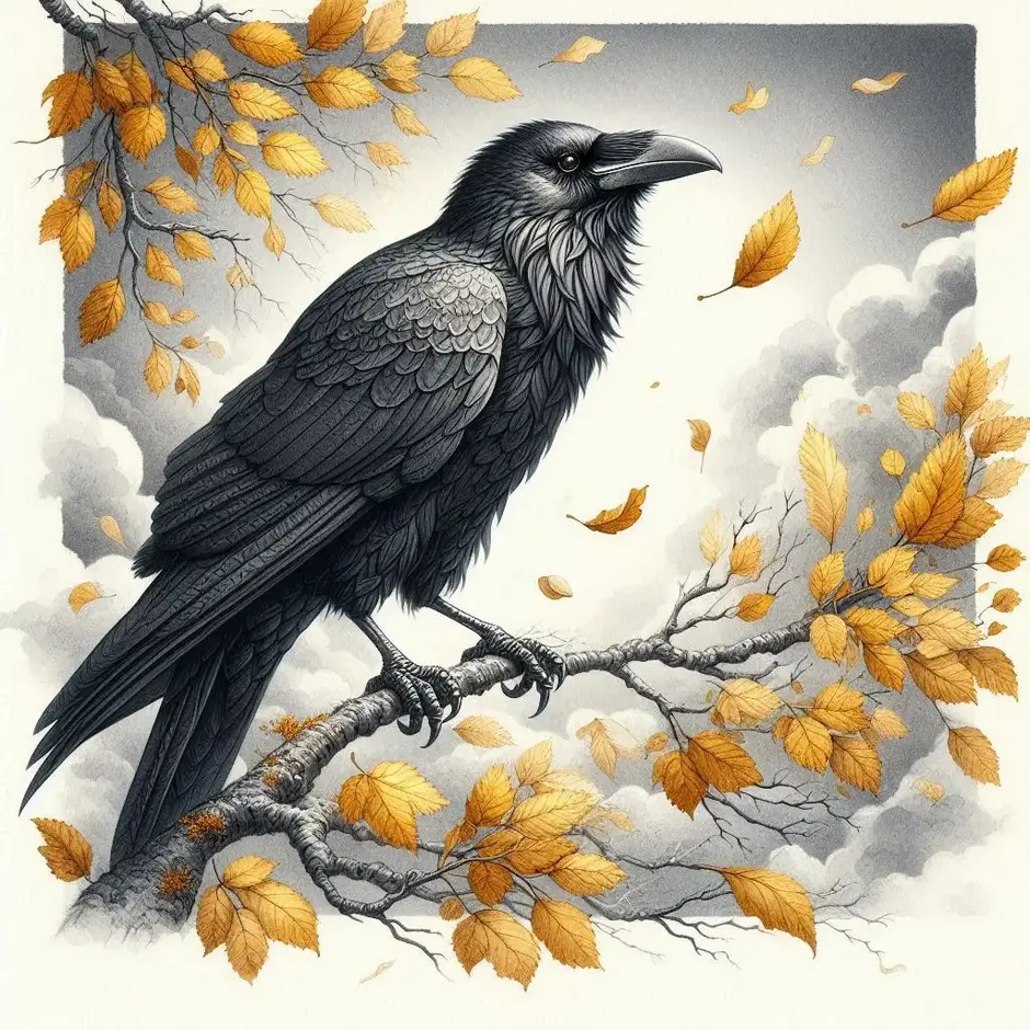 Prompt: Professional book illustration, a large intelligent black raven standing on a golden autumn branch, falling yellow leaves, grey cloudy sky, autumn atmosphere, fine ink lines, soft watercolor textures, high detail, vintage fairytale style