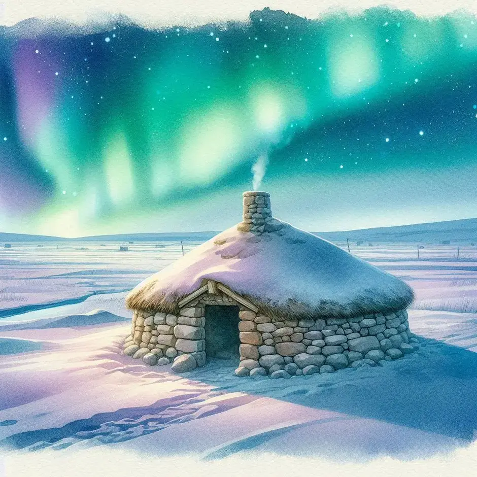 Prompt: A small low northern hut made of earth and stones, no trees around, empty snowy arctic tundra background under a vast sky, glowing Aurora Borealis (northern lights) above, a prominent chimney on the roof, pale blue and magical light, professional watercolor style, high detail.