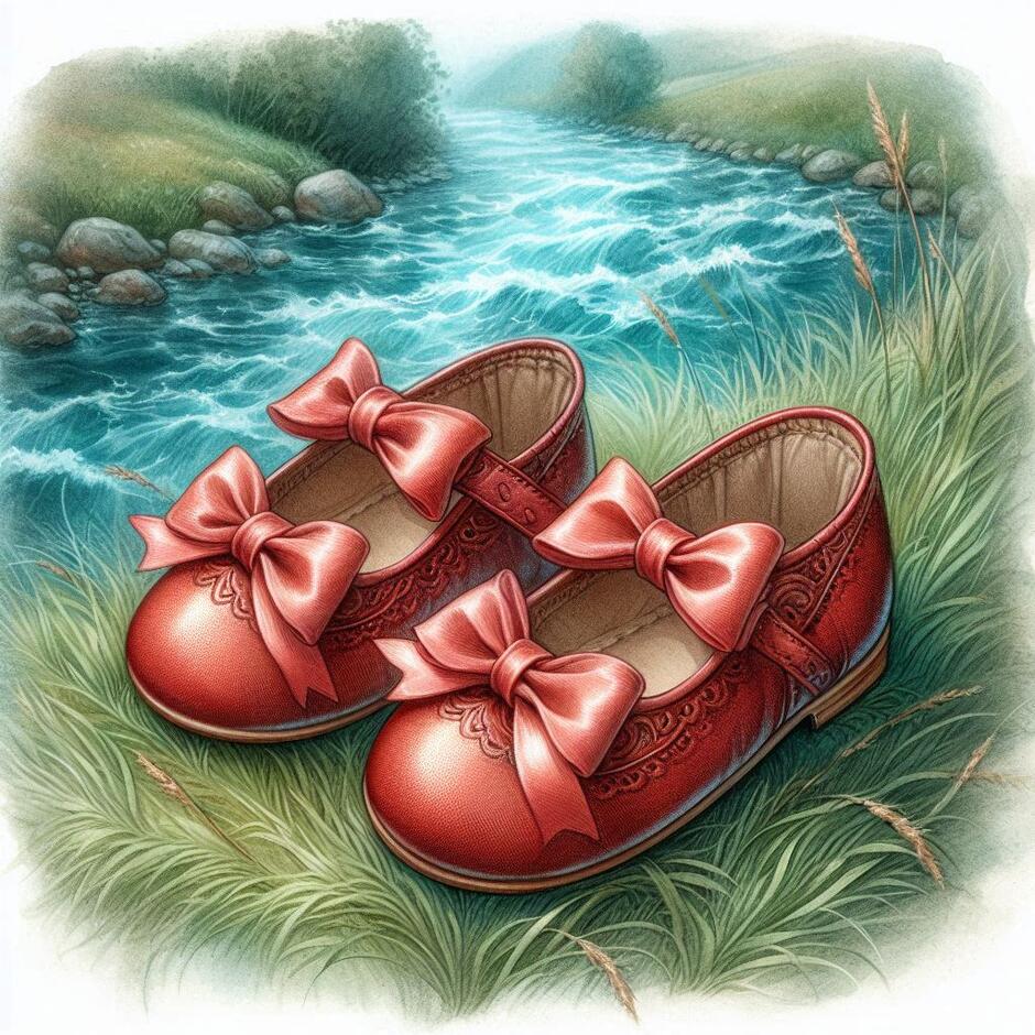 Prompt: Professional book illustration, a pair of tiny dainty red leather shoes for a little girl, soft vintage red leather, rounded toes, decorated with large elegant silk bows on top, flat thin soles, sitting on a grassy river bank, flowing blue water in the background, delicate watercolor and ink style, high detail, no high heels, small size, child-like proportions, vintage fairytale aesthetic.