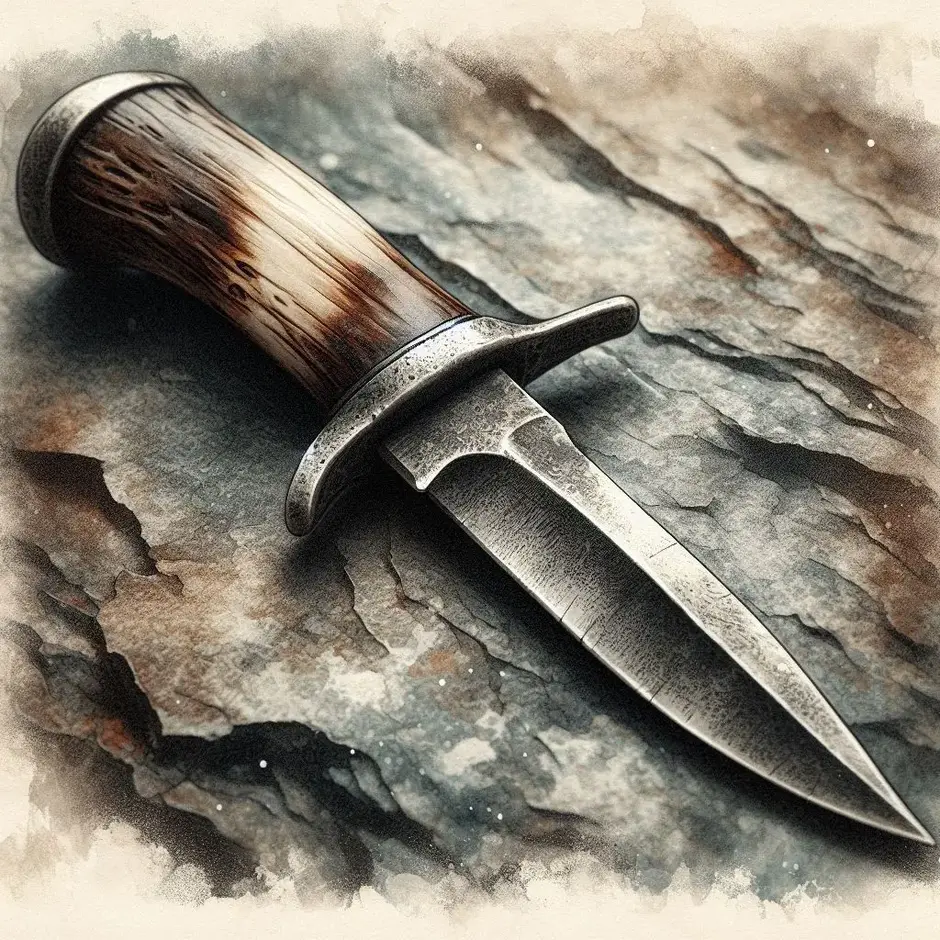 Prompt: A close-up shot of a rough handmade small dagger with a bone handle, lying alone on a textured grey rock surface, sharp steel blade, rustic and wild aesthetic, vintage watercolor and ink style, high detail, masterpiece, --no book, paper, desk, library, parchment, reading.
