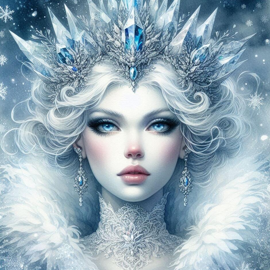 Prompt: Majestic Snow Queen, face of white marble, icy blue eyes, crown of sharp ice crystals, frost lace collar, winter mist, vintage watercolor style, cold and beautiful, high detail
