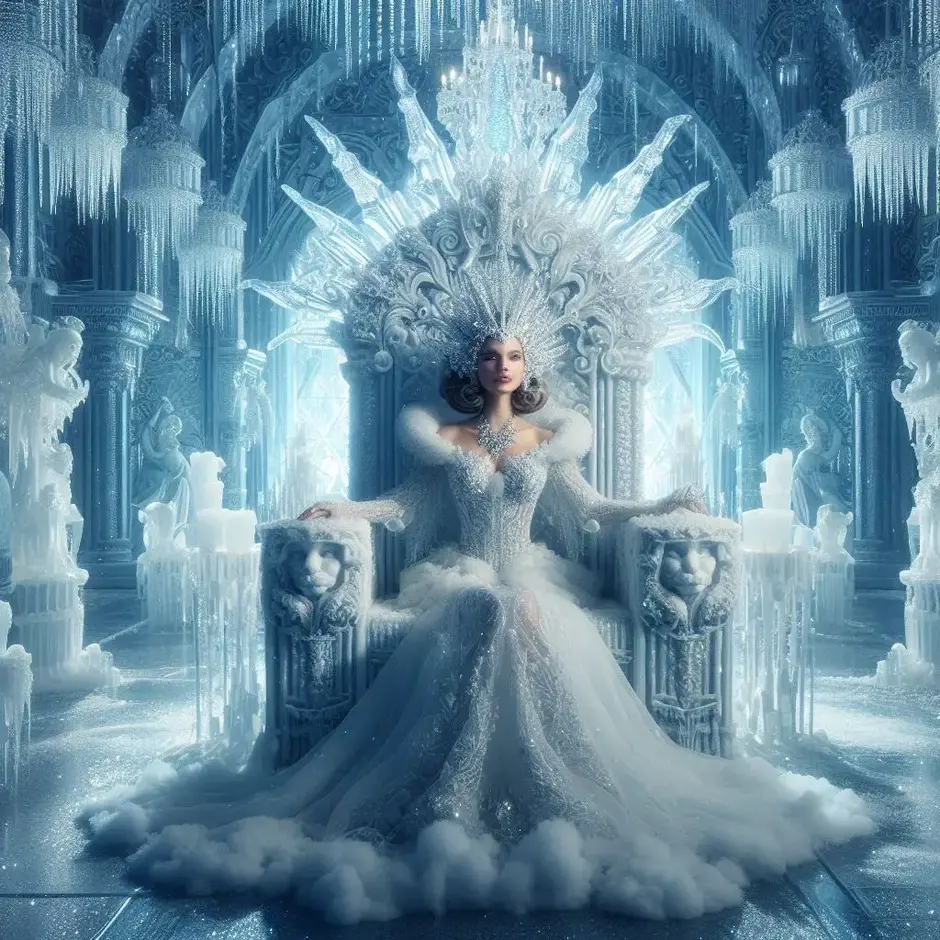 Prompt: Majestic and beautiful Snow Queen on a high throne of ice, cold marble face, ice crown, vast frozen hall, silver and blue light, vintage fairytale style.
