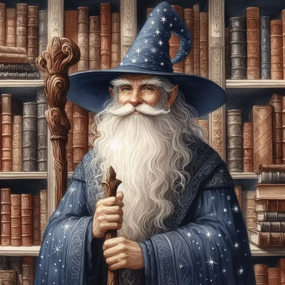 Prompt: Professional book illustration. A wise old wizard with a long white beard, wearing a flowing blue starry mantle and a pointed hat. He holds a wooden staff, standing in a library with old books. Friendly and calm expression, soft watercolor style, vintage fairytale aesthetic.