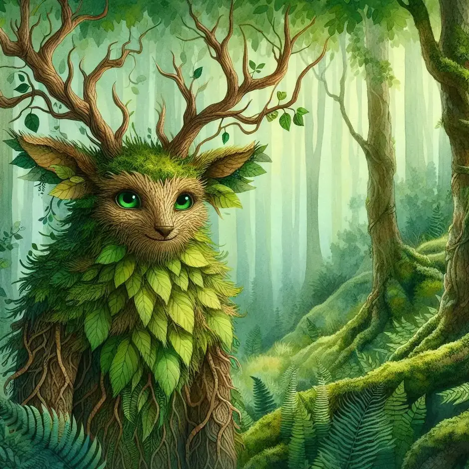 Prompt: Professional illustration. A mythical forest spirit (Leshy) made of tree bark, moss, and leaves. He has branches for antlers and kind green eyes. He is standing deep in a thick green forest. Artistic watercolor style, detailed textures, nature-inspired fairytale art.