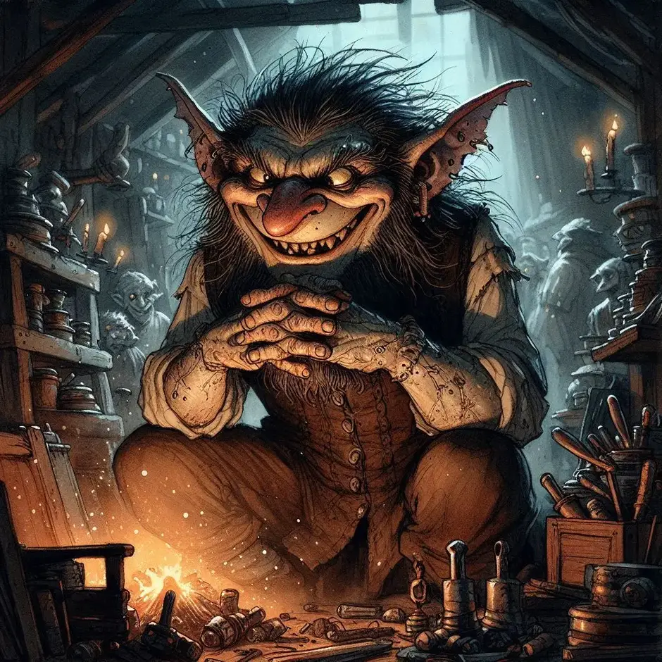 Prompt: Professional book illustration, watercolor and ink. A wicked, mischievous troll with pointy ears, sharp nose, and a devious, cunning smile. He is sitting in a dark, messy workshop with glowing embers. He has greasy hair and messy clothes, looking like an evil inventor. He is rubbing his hands together with a malicious grin, no objects in hands, vintage fairytale aesthetic, high detail.