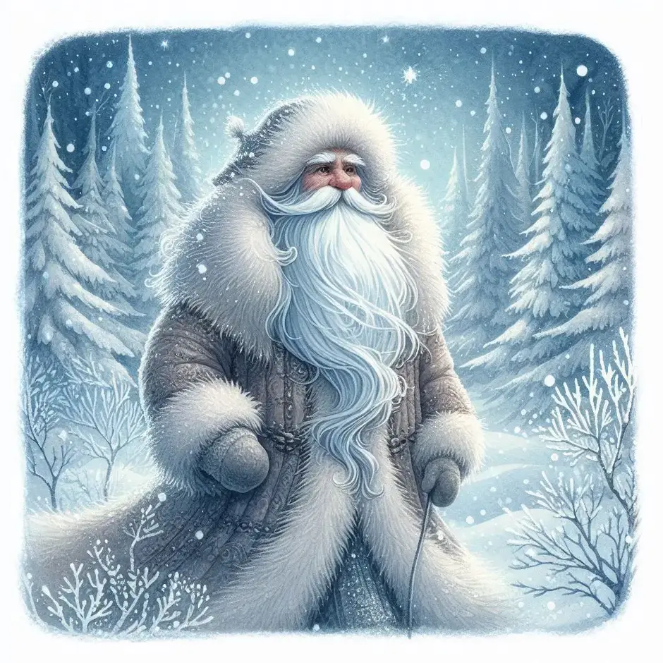 Prompt: Professional book illustration, watercolor style. A kind but cold old man with a long frozen white beard, wearing a heavy fur coat and a frosty hat. He is walking through a snowy forest. Pale blue and white tones, vintage fairytale aesthetic, high detail.