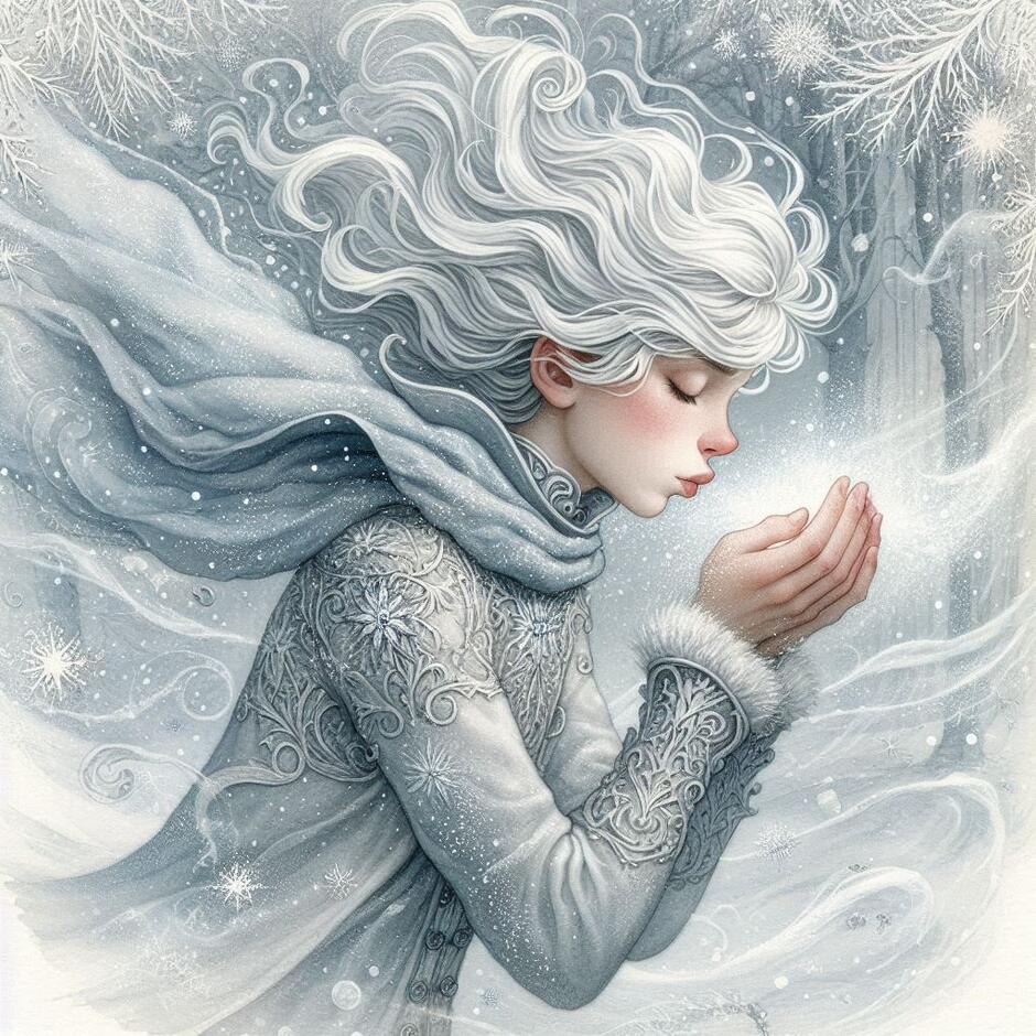 Prompt: Professional fairytale illustration, watercolor style. A young boy representing the Cold Winter Wind, with white hair blowing, wearing a silvery cloak. He is blowing soft frost mist from his hands. Pale blue and grey tones, magical winter atmosphere, vintage style, high detail, no modern elements.