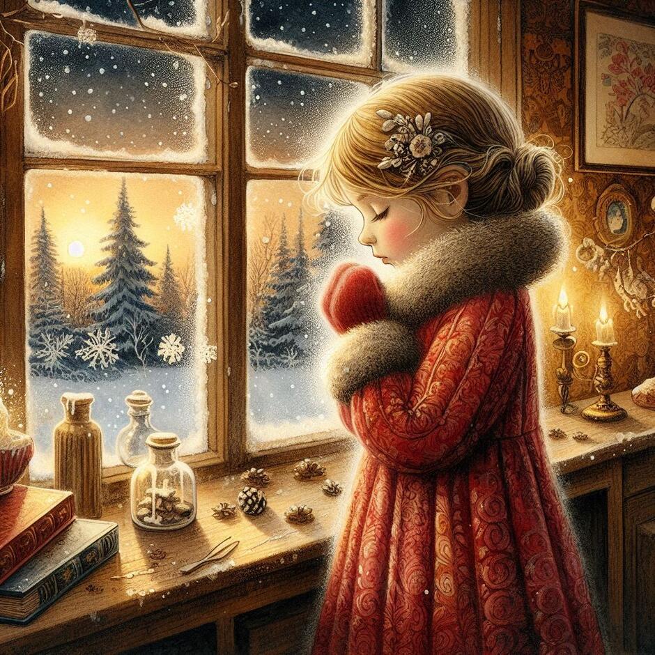 Prompt: Professional book illustration. A young girl Gerda in a cozy red dress standing by a window. She is breathing on the cold glass to melt the ice. Soft golden light inside the room, dark snowy night outside. Vintage watercolor and ink, heartwarming fairytale style, high detail.
