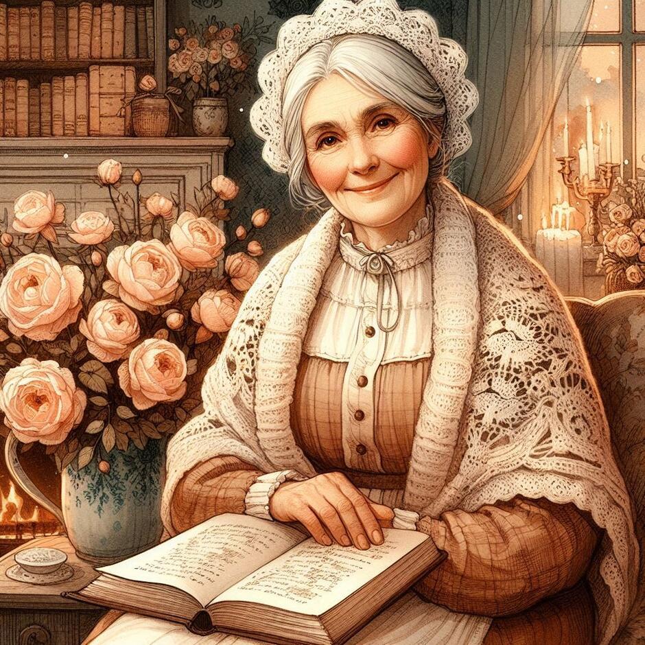Prompt: Professional book illustration, watercolor and ink style. A kind elderly woman with a warm smiling face and gentle eyes, silver hair under a white lace cap. She is wearing a knitted shawl over her shoulders and a long domestic dress. She sits in a cozy room with a fireplace, a large book of fairytales on her lap. Next to her is a vase with blooming roses. Soft golden lighting, peaceful and loving atmosphere, vintage fairytale aesthetic, high detail, no modern elements