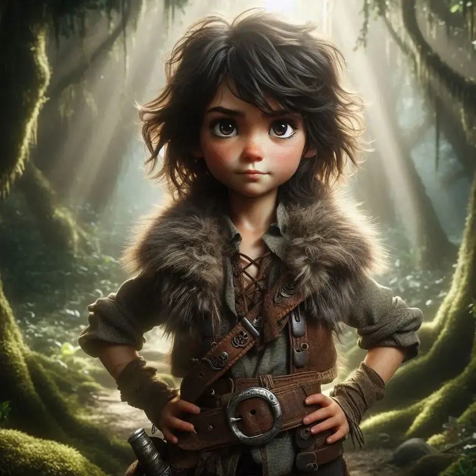 Prompt: Professional character design. A brave young girl, the Little Robber Girl, with wild dark hair and dark eyes. She wears a fur vest and a rough leather belt with a small sharp knife tucked into it. Brave and slightly rebellious expression, forest background, vintage fairytale style, high detail.