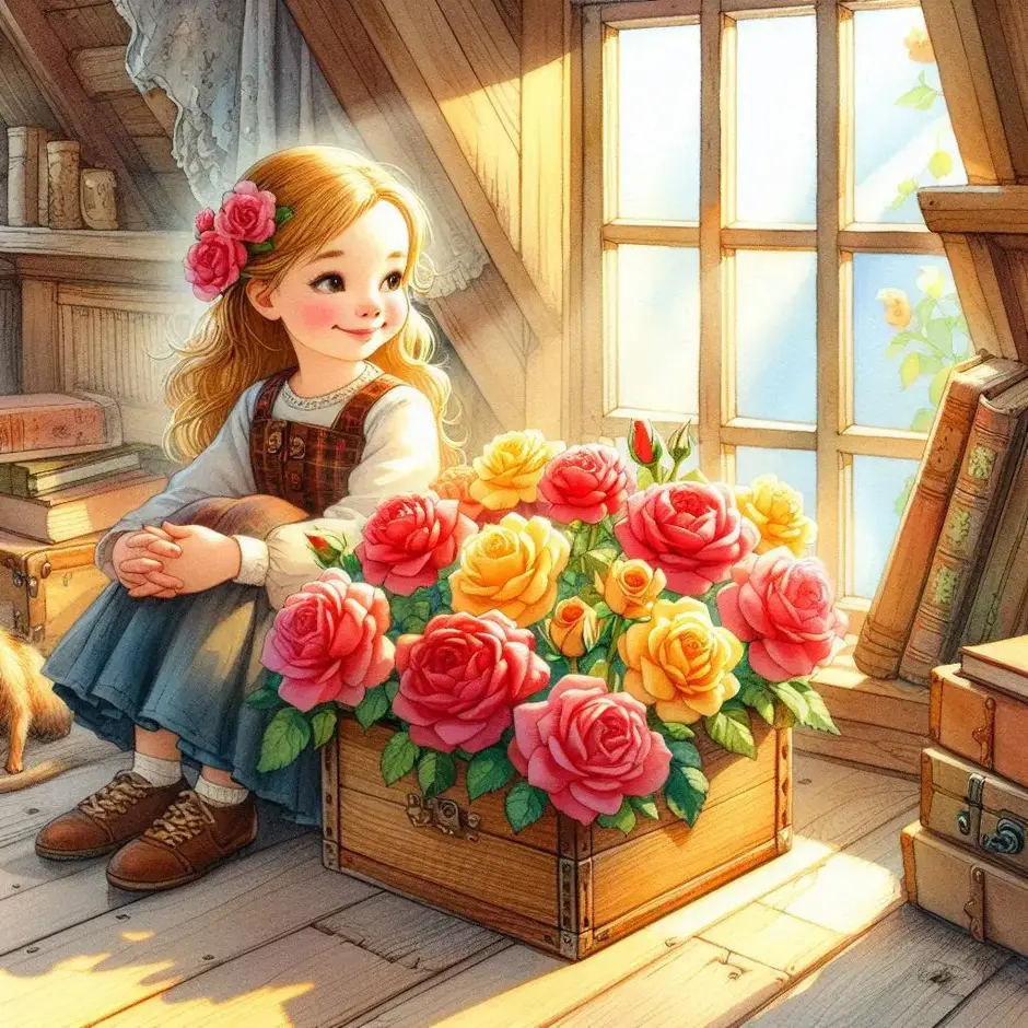 Prompt: Professional book illustration, watercolor style. A young 10-year-old girl Gerda with a happy face, sitting by a sunny window in a cozy attic room. Beside her is a wooden box with blooming red and yellow roses. Soft sunlight, warm and peaceful atmosphere, vintage fairytale aesthetic, high detail, vibrant colors, no snow, no winter, masterpiece.