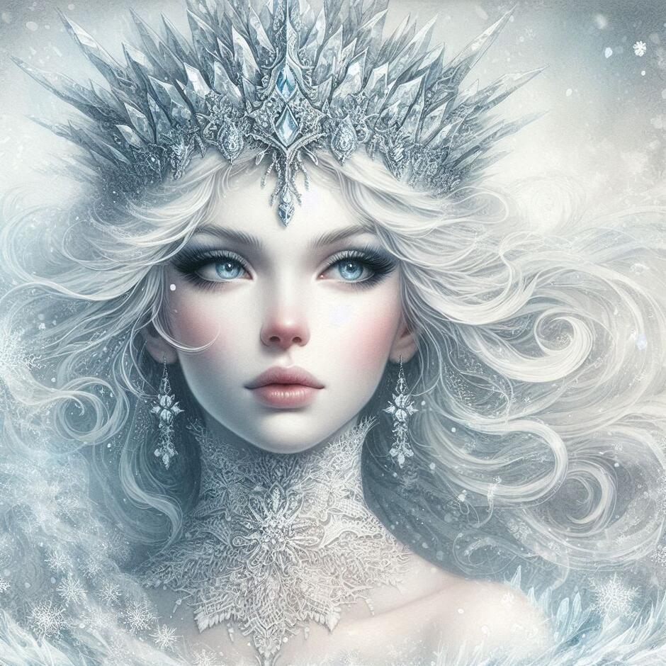 Prompt: Majestic Snow Queen, face of white marble, icy blue eyes, crown of sharp ice crystals, frost lace collar, winter mist, vintage watercolor style, cold and beautiful, high detail