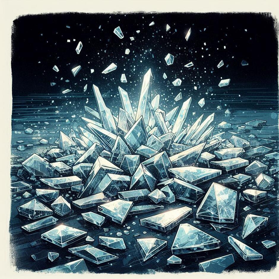 Prompt: Professional book illustration, floor level perspective. On a dark, flat frozen surface, there are hundreds of separate, thin, flat triangular ice shards scattered everywhere. The ice pieces are not touching each other, they lie in a messy, chaotic way. Transparent crystalline texture, sharp edges, glowing blue light from within the ice. No circles, no spheres, no flowers, only loose flat fragments on the ground. Vintage watercolor and ink style, high detail, master