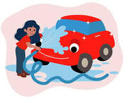 Illustrations on the theme of a car wash a young woman washes a dirty red car icon | Premium Vector