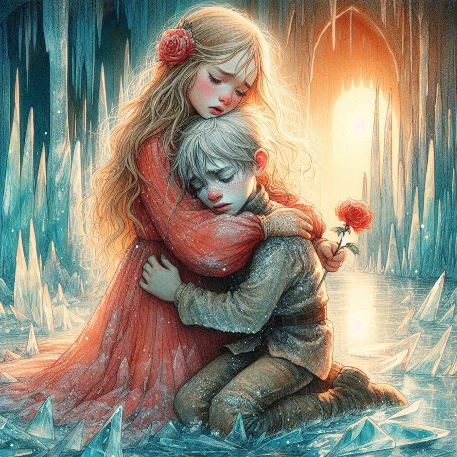 Prompt: Professional book illustration, Hans Christian Andersen's Snow Queen, two 10-year-old children, little Gerda with long blonde hair hugging young boy Kai, Kai has a frozen pale face and numb expression, they are in a vast crystalline ice hall, a tiny red rose blooming from the ice floor, emotional contrast between warm orange glow and cold teal ice, delicate watercolor textures, fine ink lines, vintage aesthetic, ethereal lighting, high detail, masterpiece.
