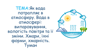 Вода в атмосфері: випаровування, вологість повітря та її зміни. Хмари, їхні форми, хмарність. Туман.