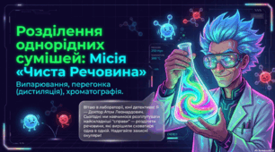 "Розділення однорідних сумішей: випарювання, перегонка (дистилювання), хроматографія.