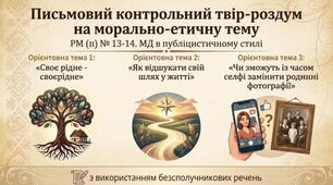 МД  Письмовий контрольний твір-роздум  на морально-етичну тему в  публіцистичному стилі ( «Своє рідне - своєрідне», «Як відшукати свій шлях у житті», «Чи зможуть із часом селфі замінити родинні фотографії») з використанням безсполучникових речень.