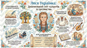 Леся Українка: Дивовижний світ талантів та дитинства (Інтерактивний кейс 4 в 1: презентація, відео, інфографіка, тренажер)