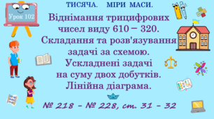ТИСЯЧА. МІРИ МАСИ. Віднімання трицифрових чисел виду 610 — 320. Складання та розв'язування задачі за схемою. Ускладнені задачі на суму двох добутків. Лінійна діаграма. № 218 - 228, ст. 31 - 32. (Ч. ІІ).